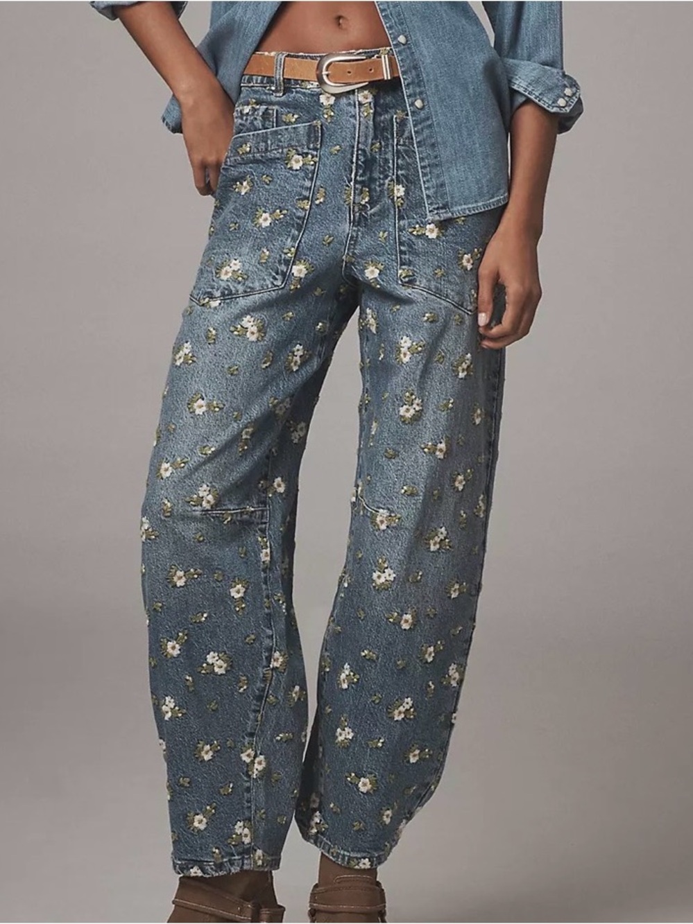 Avec Les Filles Blue Embroidered Floral Boyfriend Jeans